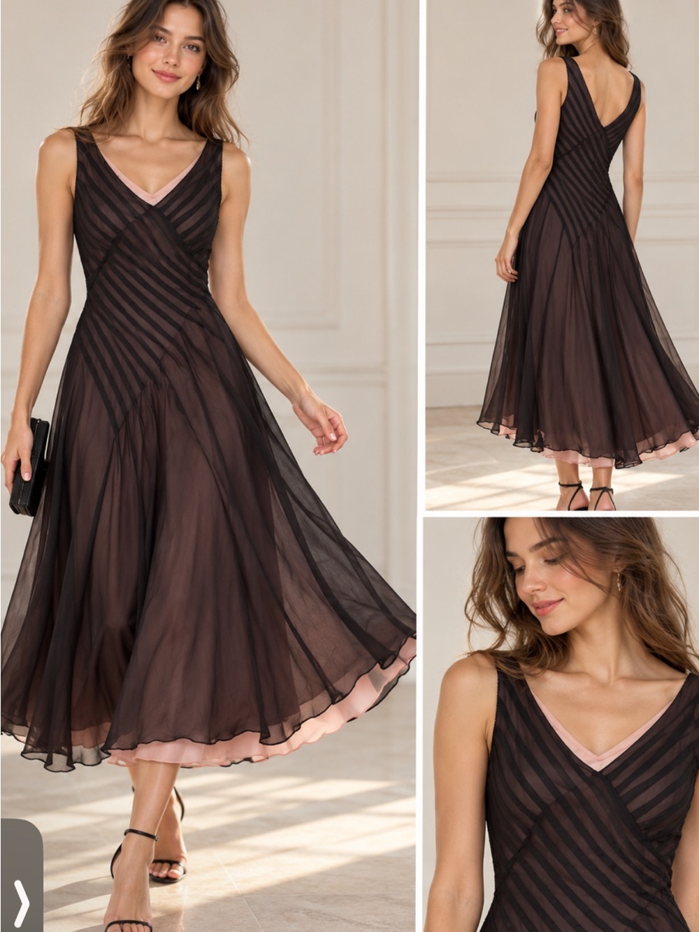 Adrianna Papell Women’s Brown Black Chiffon Midi Dress Size 8 Sleeveless V-Neck